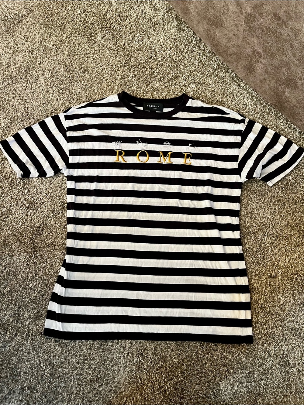 PacSun Striped Tee with Gold Rome Logo - Small